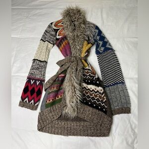 Desigual Faux Fur Open Front Cardigan Embroidered Back Patchwork Sweater size L